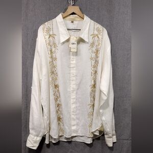 NWT Bohio 100% Linen Cuban Style Button Shirt Mens XXXL White Tan Beach Vacation